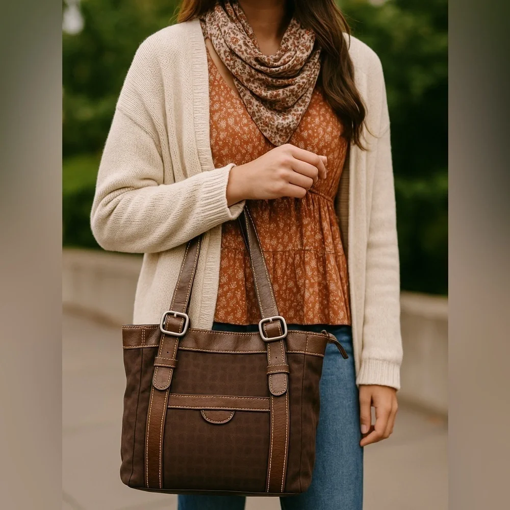 Fossil Brown Signature Canvas & Leather Buckle Tote Bag